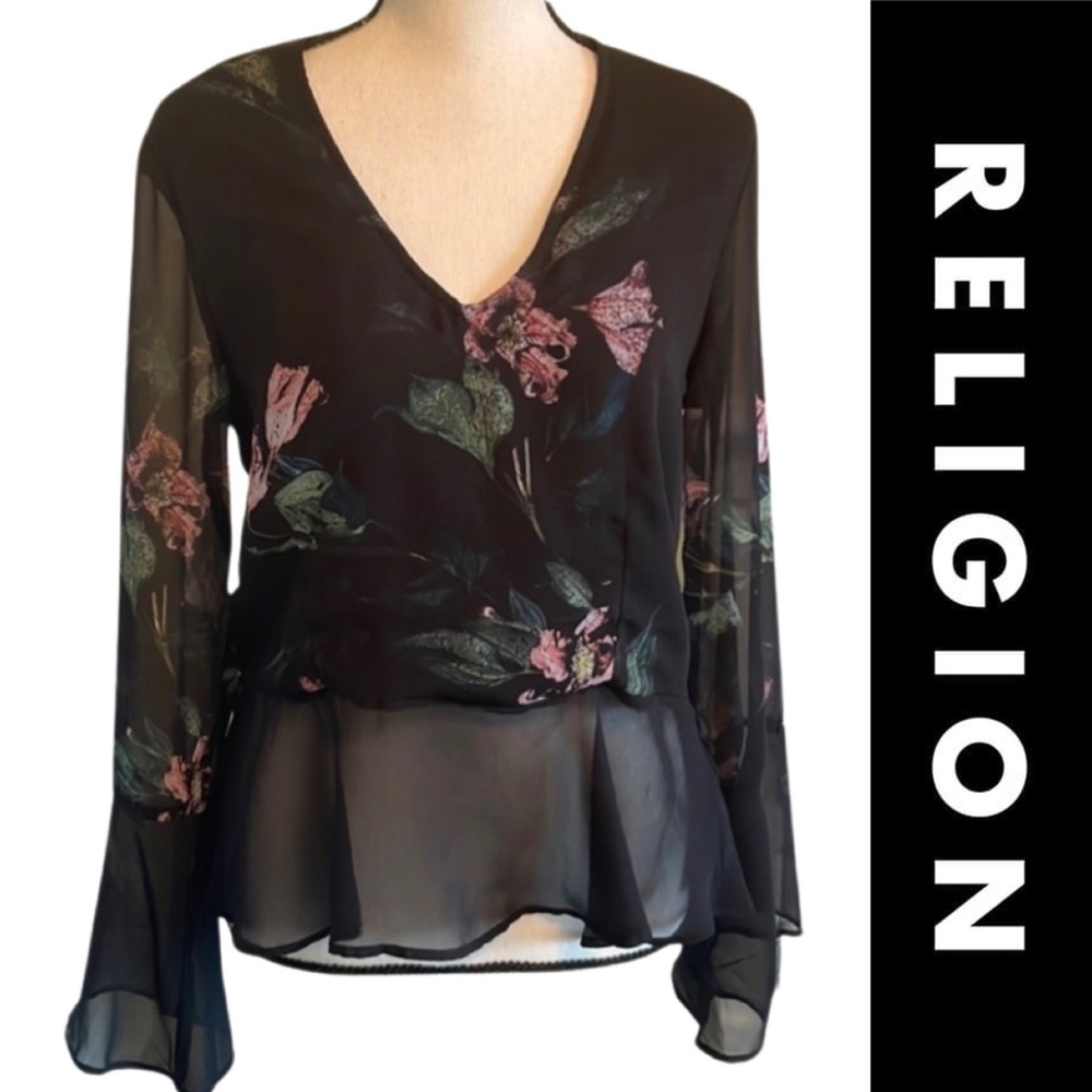 Religion V-neck Sheer Floral Top Size 12